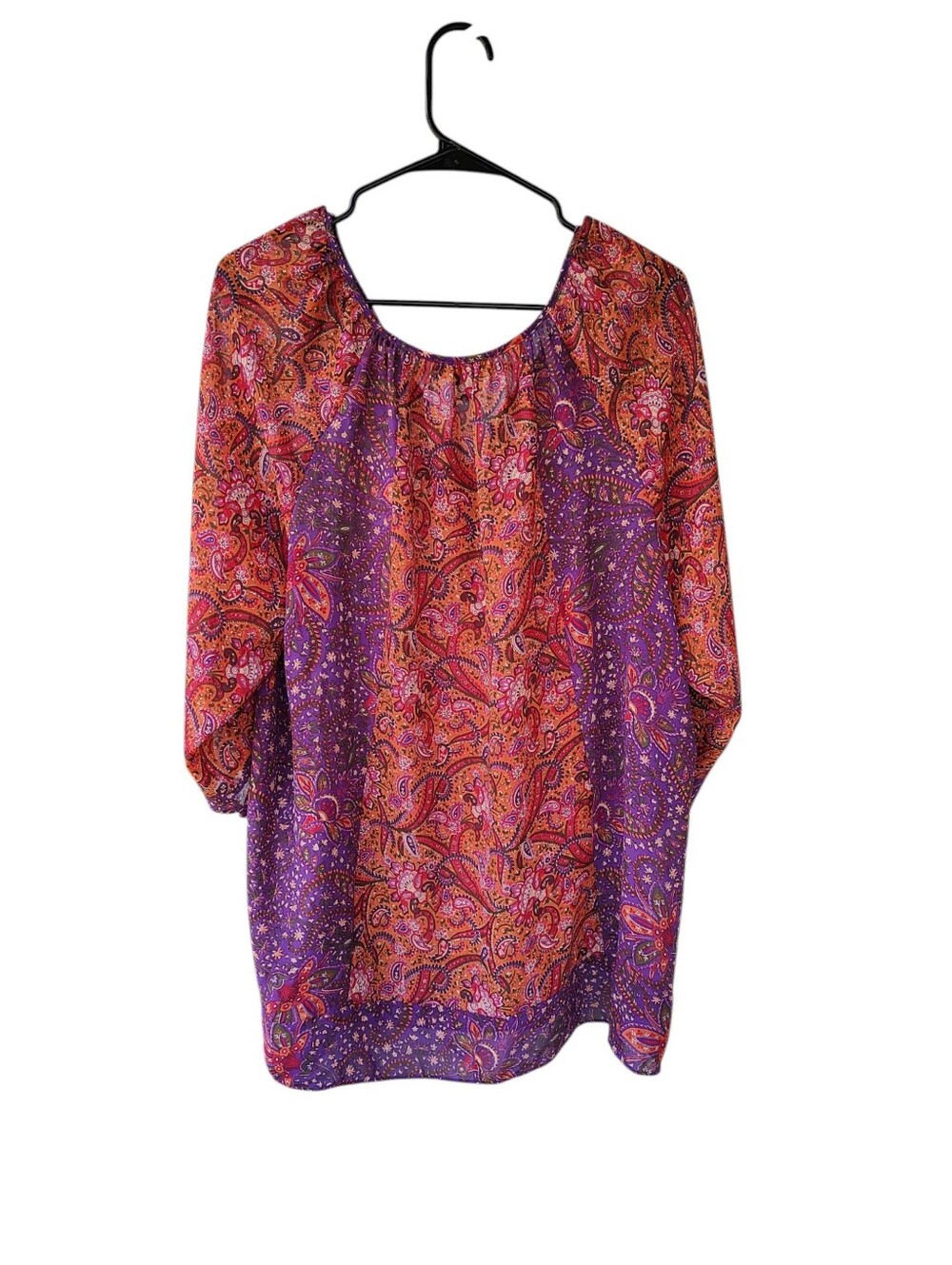 Chaps Paisley Split-Neck Peasant Blouse In Tangerine And Magenta Colors - Picture 5 of 5